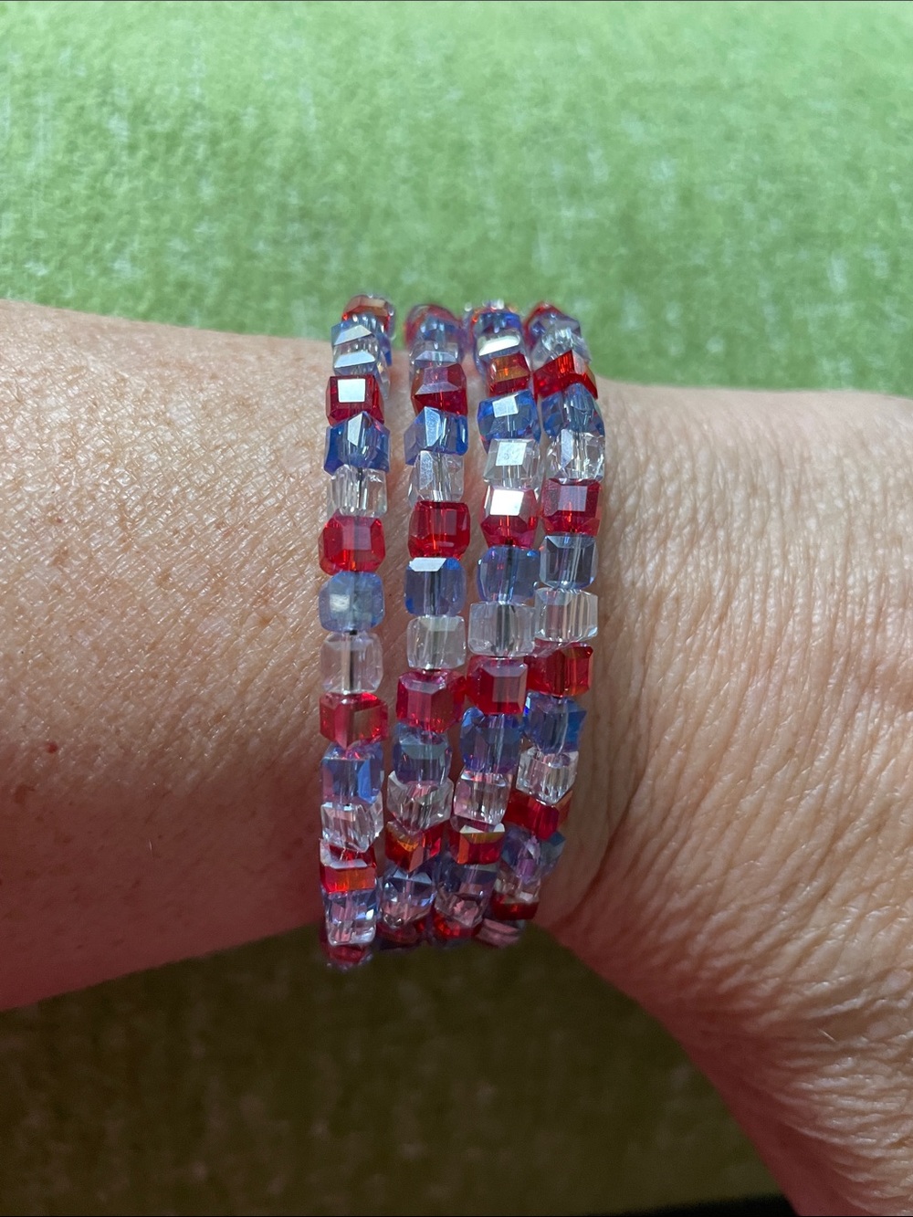 Triple-Strand Red, Blue & Clear Crystal Coil Bracelet